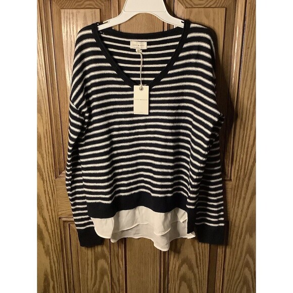 LUCKY BRAND women's Black/white striped layered v-neck long sleeve sweater SZ S - Picture 1 of 4